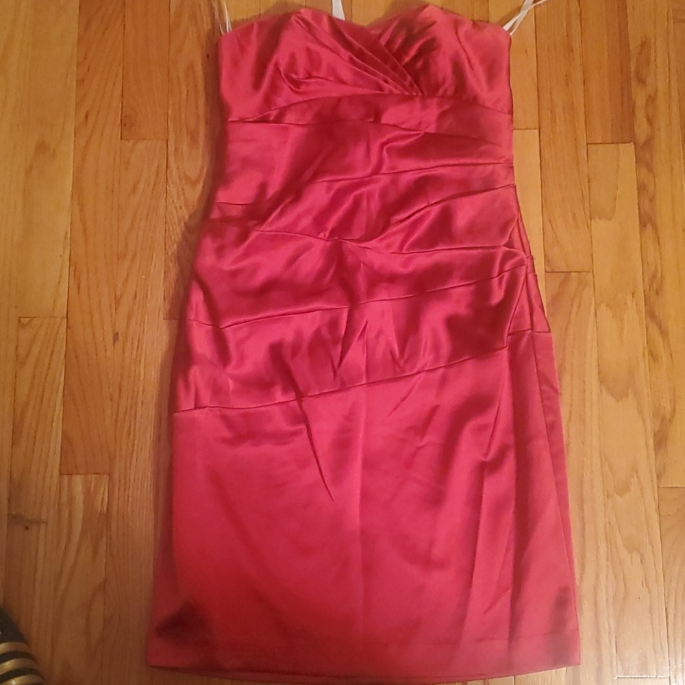 David's Bridal red satin strapless dress